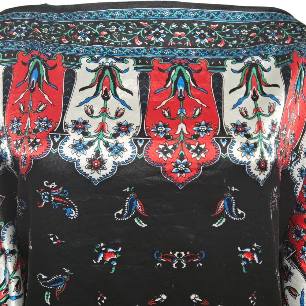 Kaftan Black and Red Floral Satin Tunic Midi Dress Womens Size Small - Picture 5 of 7
